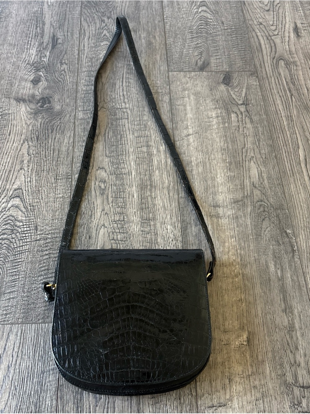 Vintage Black Crocodile Embossed Crossbody Bag
